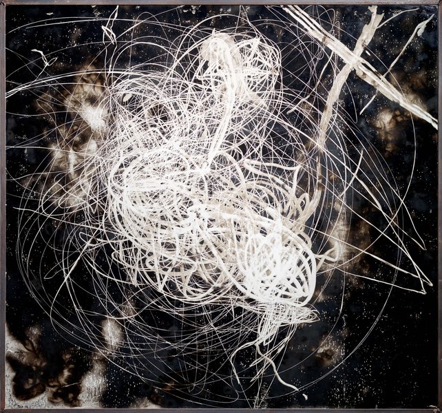 untitled, 1990, drawing on soot covered glass, 59.05 x 62.99 in